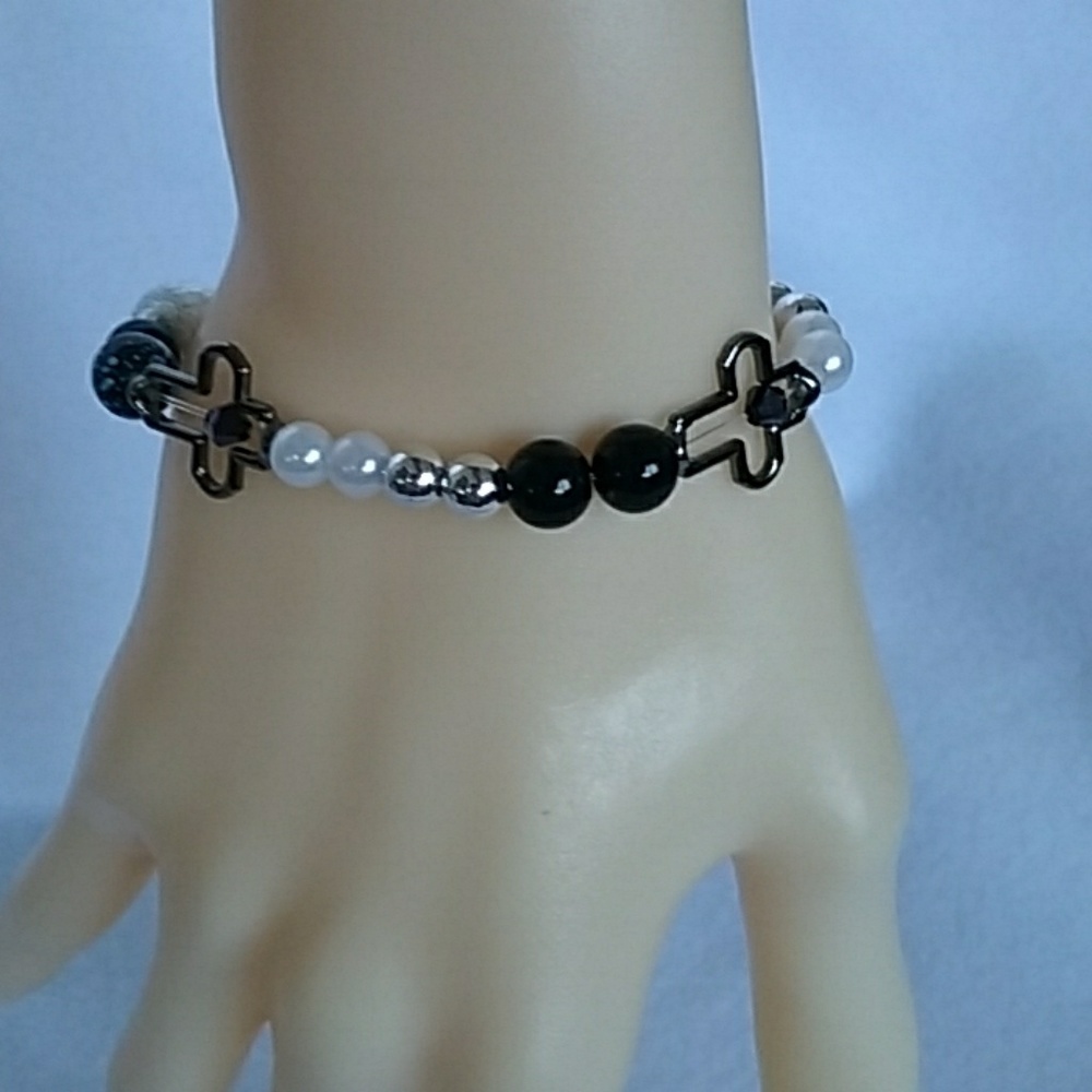Blessed cross white, black, & silver beaded stretch bracelet